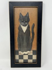 Vtg 90s Framed Picture Black Tuxedo Country Cat Art Gallery Wall Decor Farm