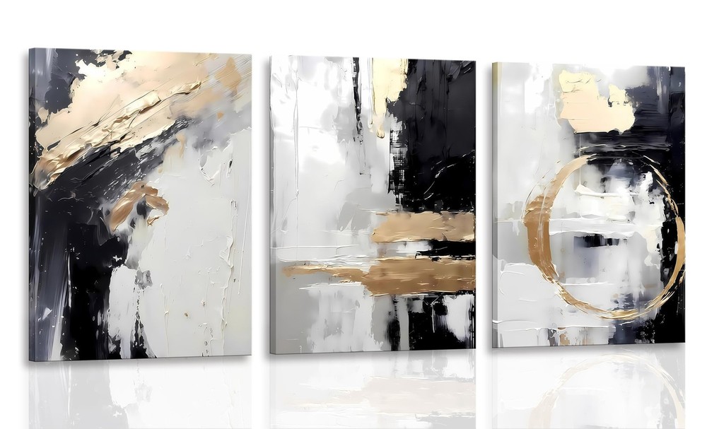 3pcs Framed Black White Gold Canvas Wall Art Abstract Geometric Textured Post…
