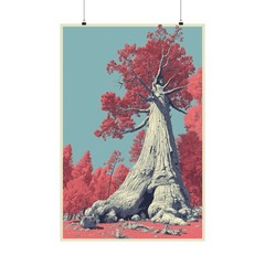 Vintage Giant Sequoia Poster Print Surreal Colorful Nature Tree Wall Art