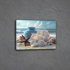 White Hibiscus Starfish Vase Beach Framed Canvas, Soft Light Coastal Tropical