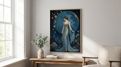 Art Deco Woman Poster Light Blue Gold Full Moon 1920s Goddess Wall Art Print