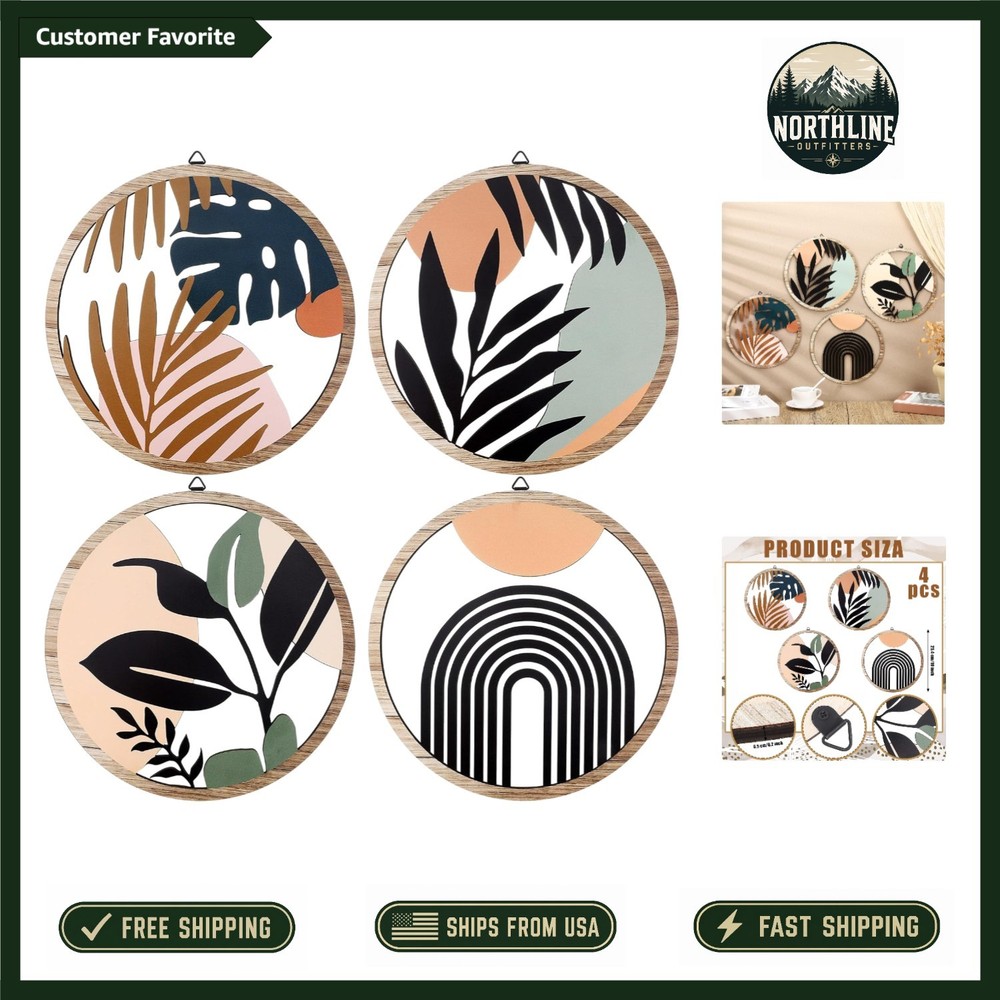 Set of 4 Elegant Boho Wooden Wall Art – Geometric Hanging Decor (10 Inch)