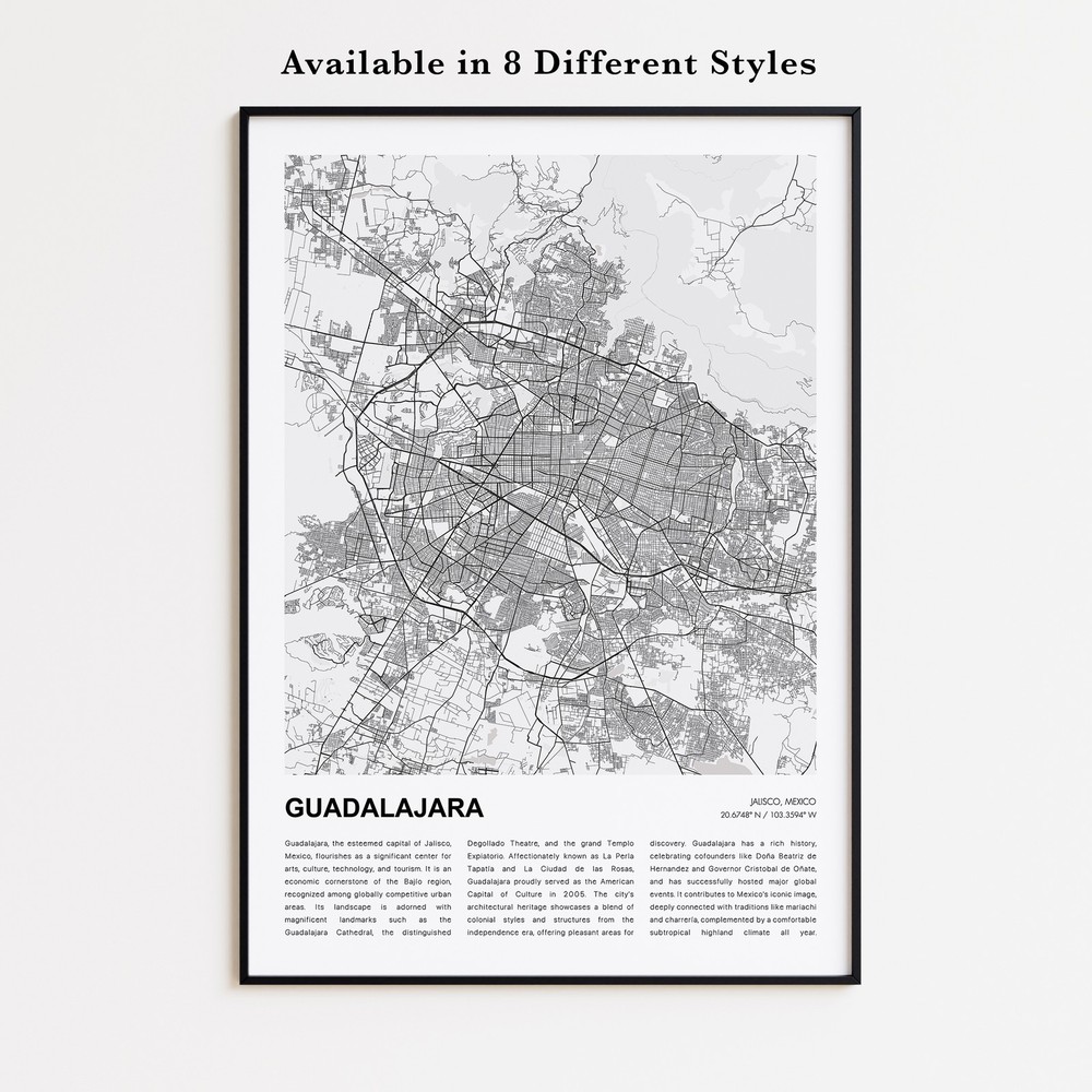 Guadalajara City Map Print, Jalisco Travel Poster, Modern Map, Wall Decor Art