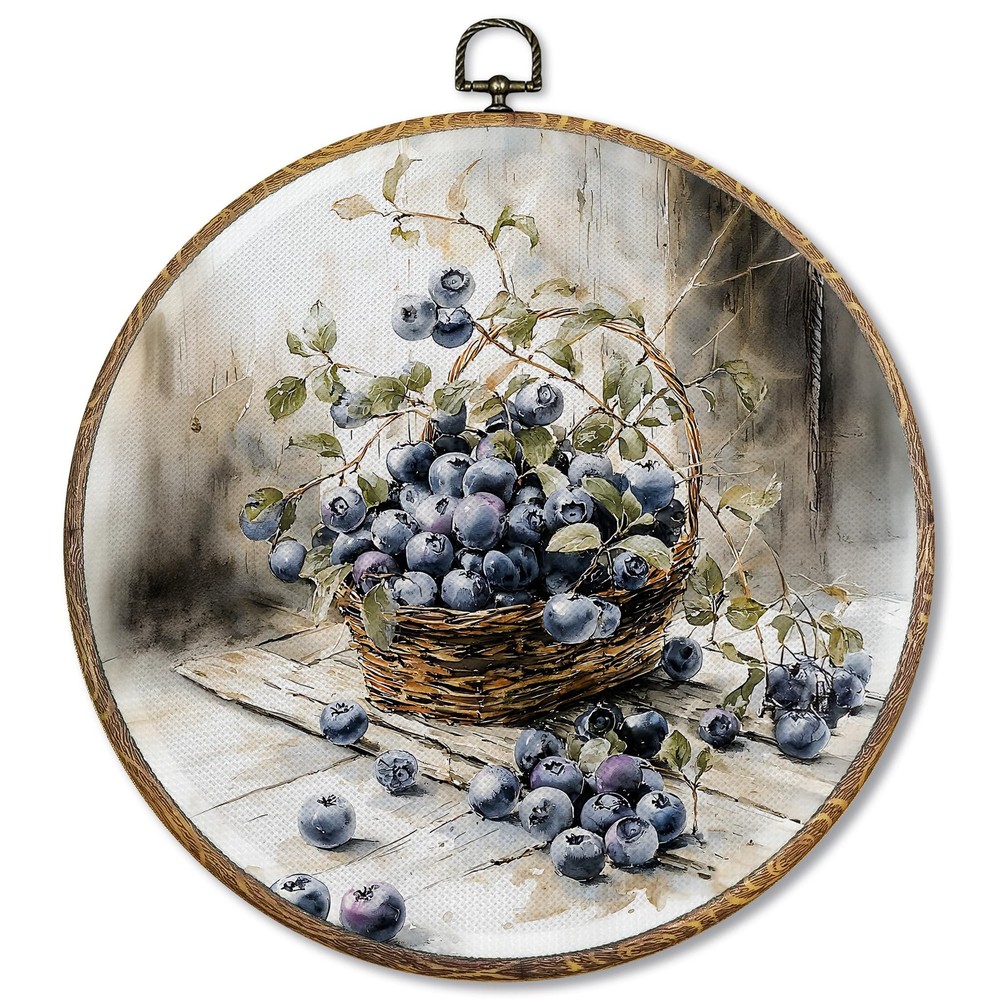 Vintage Blueberry Round Wall Art Decor, French Country Canvas Art Framed, Rus…