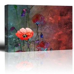 Poppy Flowers Artwork over a Blue and Red Picture -Canvas Wall Art- 12×18 inches