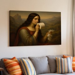 Classical Woman Holding Paper and Toilet Roll Scenic Landscape Canvas Wall Art
