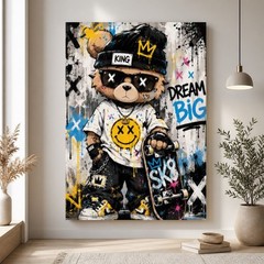 Graffiti Teddy Bear Skateboard Canvas Wall Art Urban Street Art Bear Print Kids