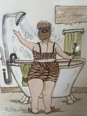 Bathtub Shower Print Joy Alldredge Woman Bathroom Wall Art Gold Framed 11.5 Sq.