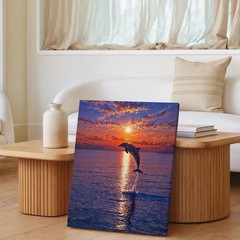 Dolphin Jumping At Sunset Ocean Canvas Wall Art Marine Nature Decor Scene Print