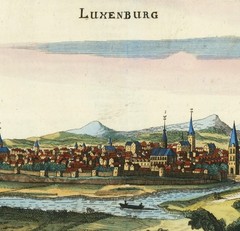 Antique 1685 Panoramic Town View of Luxembourg; Canvas, Magnetic Wooden Hanger