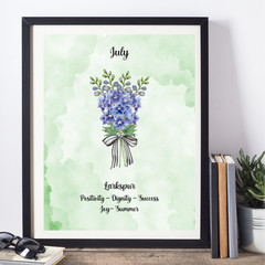 July Birth Flower Larkspur Green Watercolor Wall Art Print Gift 8×10 UNFRAMED