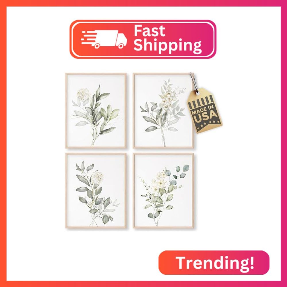 Botanical Watercolor Art Prints (Set of 4) – 8×10 (Unframed) | Boho Leaves and F