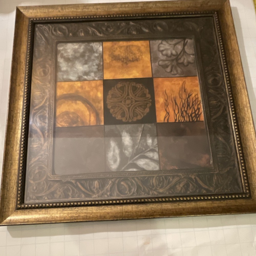 Framed Abstract Art Print Decorative Square Gold Brown Black Gray 16×16 in