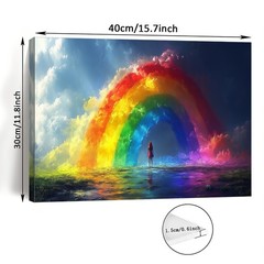 Girl Standing Under Giant Rainbow Dreamy Cloud Canvas, Fantasy Kids Room Wall