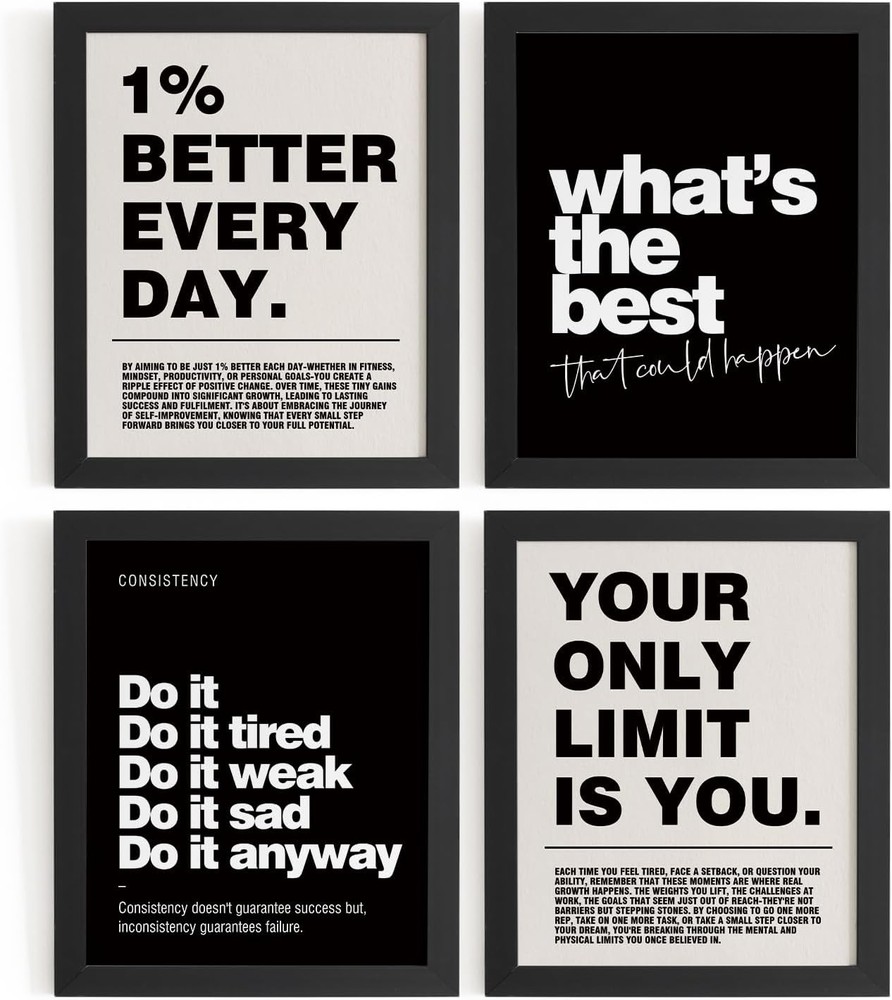 Motivational Wall Art Prints Set of 4 Black White Office Decor 8×10 Unframed