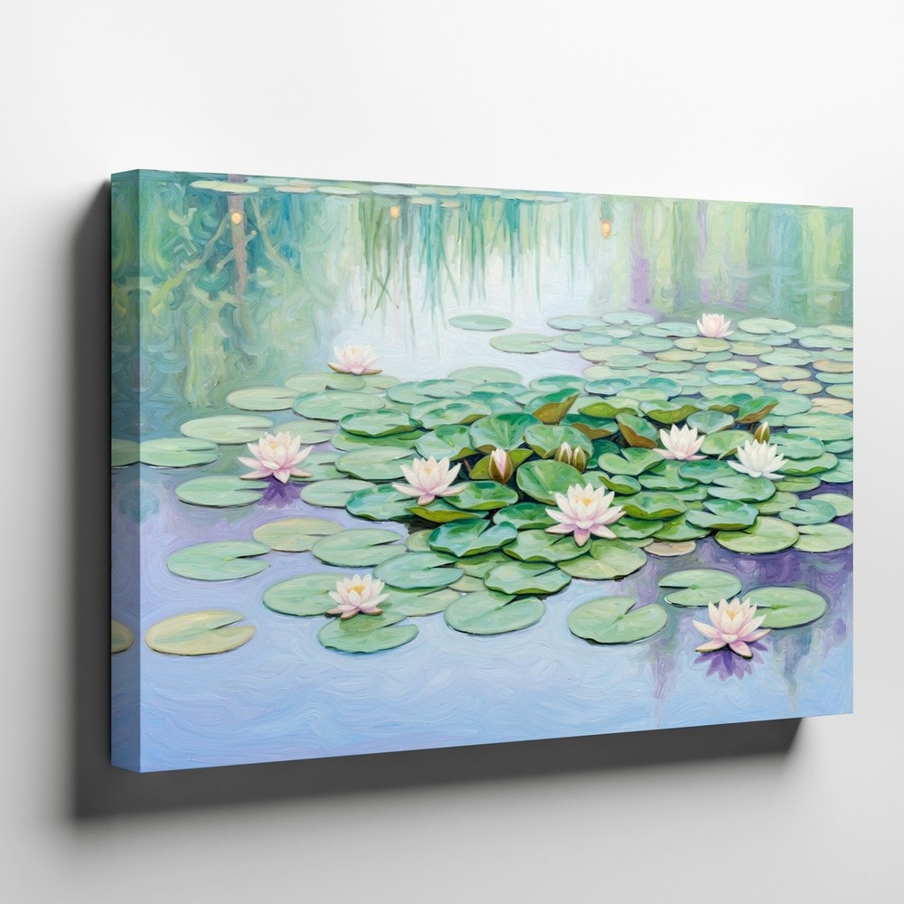 Water Lilies Canvas Wall Art Green Lily Pad Floral Pond Nature Print Decor