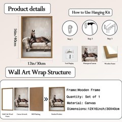 Framed Funny Horse Canvas Wall Art, Vintage Western Brown Horse On Sofa Pictures