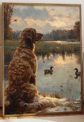 Dog Canvas Wall Art GOLDEN RETRIEVER ON DUCK POND 12 x 18 Unframed 969