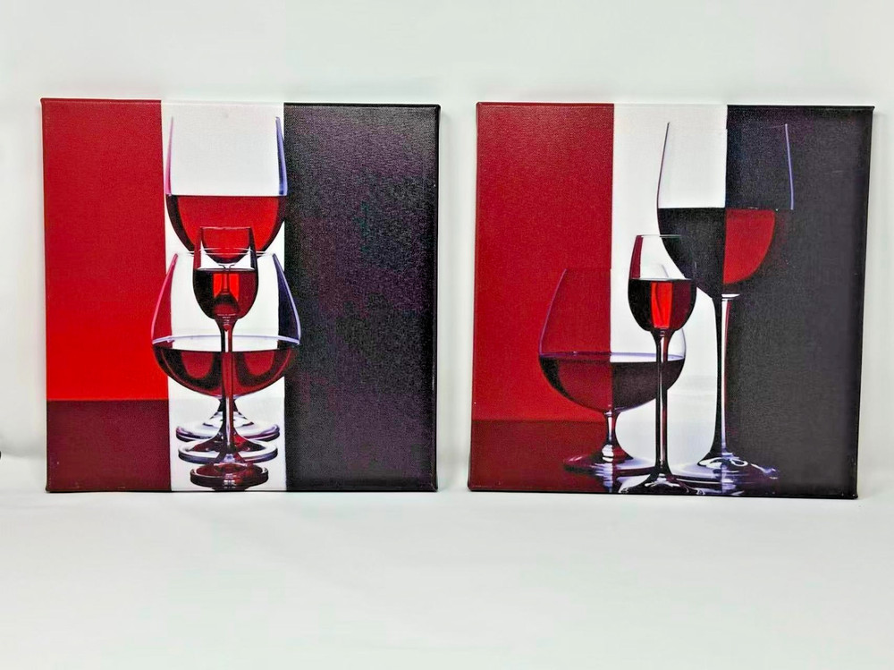Set of 2 Wall Canvas Print Wine Glasses Red-White-Black 11 3/4″ x 11 3/4″ Decor