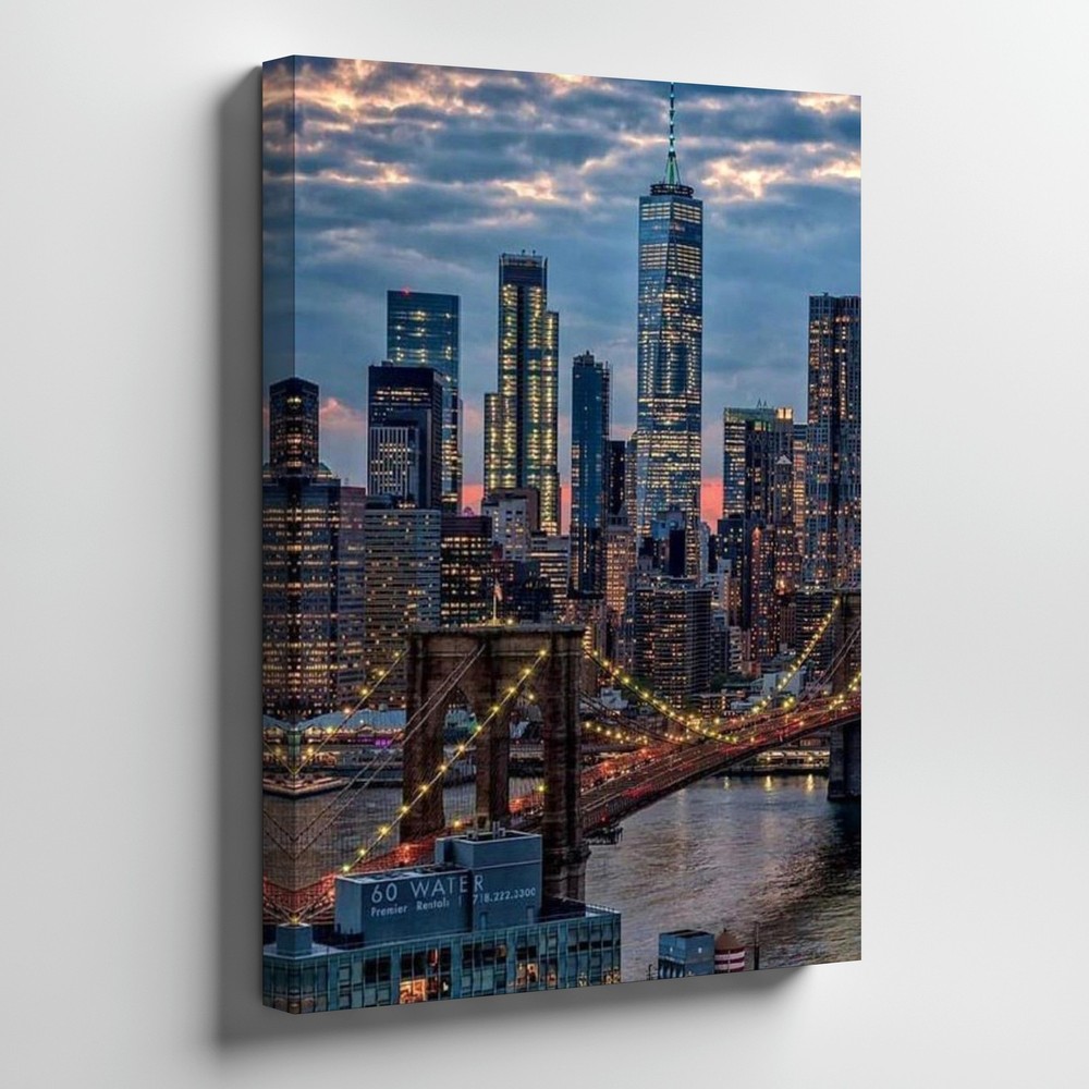 New York City Skyline Canvas Wall Art Brooklyn Bridge Night Light Decor Print