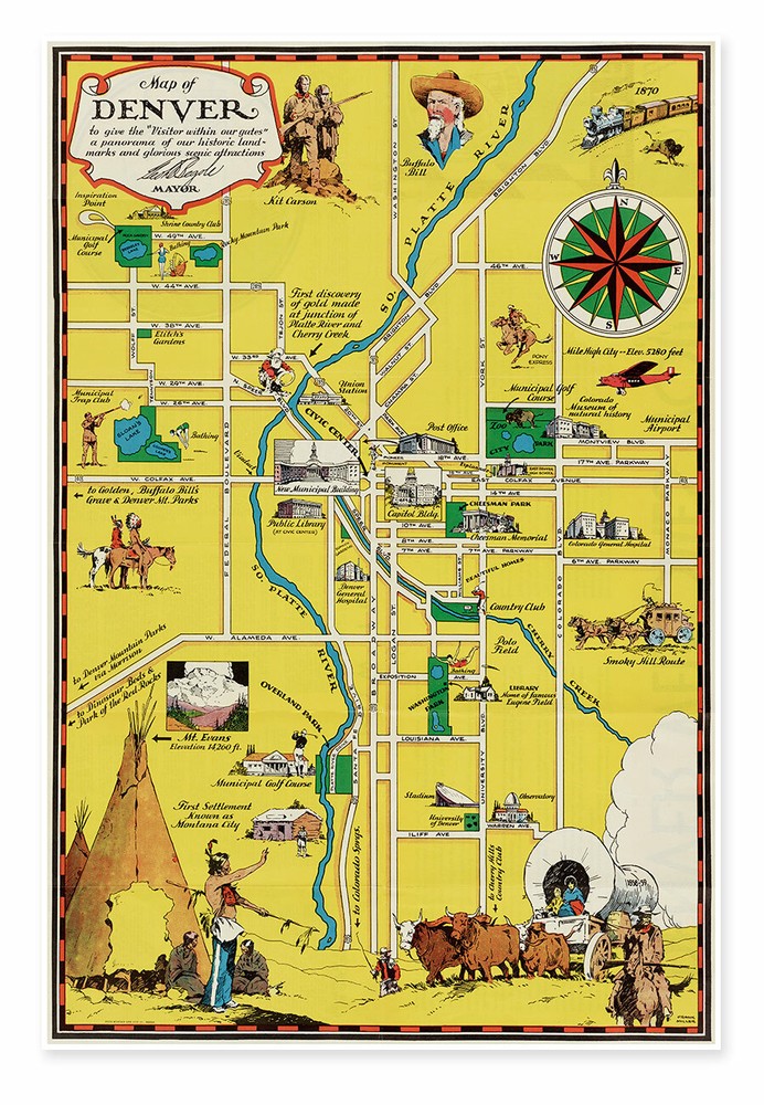 Color Pictorial map of «Distinctive» Denver, Colorado by Miller circa 1933