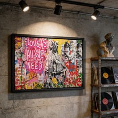 Black Framed Street Graffiti Canvas Wall Art Love Is All We Need Painting Pic…