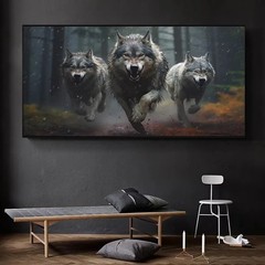 Three Wolf Running Howl Wildlife Canvas Paintings Prints Wall Art Picture