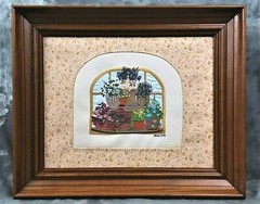 DEB STRAIN GARDEN SCENE FRAMED & SEWED INTO PICTURE HANDMADE BY 75 YR OLD 17X14