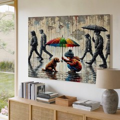 Child with Colorful Umbrella Protecting Dog in Rainy Urban Street Canvas Art
