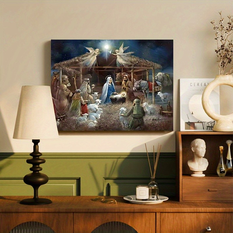 Holy Night Jesus Birth Nativity Scene Canvas Wall Art, Christian Christmas Decor