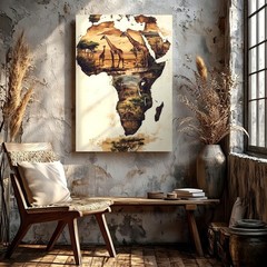 Wall Art Africa Map Giraffe Safari Landscape Wildlife Canvas Print Home Decor