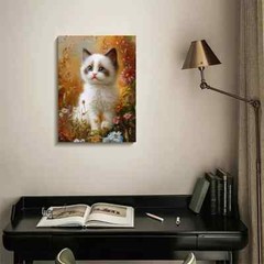 Cute Ragdoll Kitten with Flowers & Plants Painting Metal Print Ready to Hang