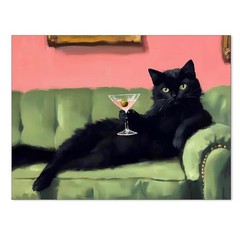 Black Cat Martini Canvas Wall Art Pink Green Whimsical Decor 16×24