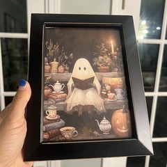 Halloween Tabletop Decor Ghost Reading & Tea Time Black Framed Print