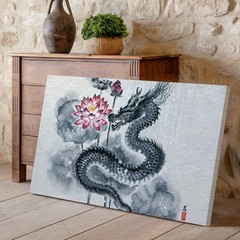 Wall Art Majestic Dragon Entwined Around A Blooming Lotus, Rendered In Fluid