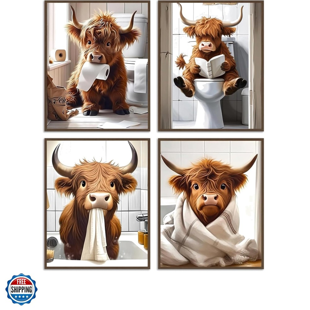 4Pcs Funny Highland Cow Wall Art Pictures, Rustic Cow Canvas Prints for Bathr…