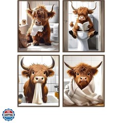 4Pcs Funny Highland Cow Wall Art Pictures, Rustic Cow Canvas Prints for Bathr…