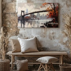 Autumn Bridge Canvas Semi Abstract Suspension Bridge & Cityscape Art Wall Art