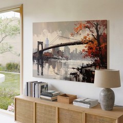 Autumn Bridge Canvas Semi Abstract Suspension Bridge & Cityscape Art Wall Art