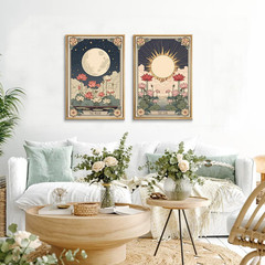 2Pcs Tarot Card Canvas Wall Art Moon Sun Flowers Mystical Astrology Posters Prin