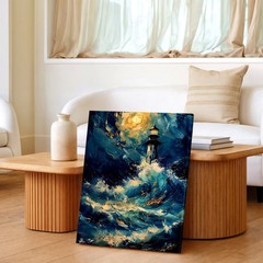 Wall Art Lighthouse Ocean Waves Moonlight Seascape Abstract Canvas Print Decor