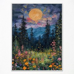 Vintage Full Moon Above The Wildflowers Canvas Wall Art, Mystical Midnight Wo…