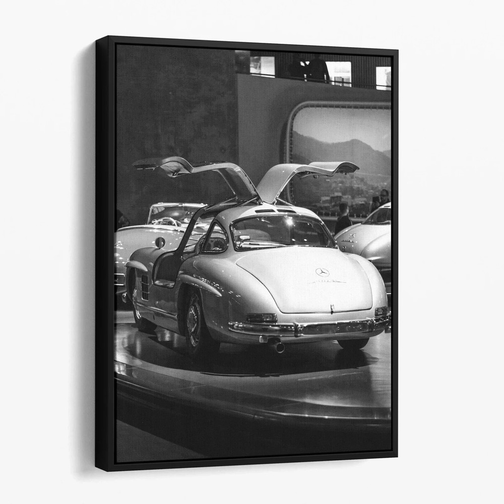 Mercedes Benz 300SL Doors Up Black & White Sports Cars Canvas Wall Art Print
