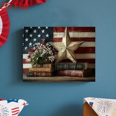 Vintage Flag Lone Star Old Books Wildflowers Canvas Wall Art, Tabletop Decor