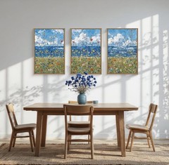 Large Blue Seaside Wildflower Framed Canvas Wall Art, Modern Decor 48”x24”