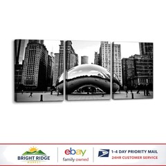 Rectangular Canvas Wall Art, Modern Black and White Chicago Prints, 3 Panels