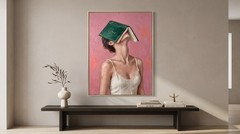 Modern Girl with Green Book Poster Romantic Pink Bedroom Wall Art Canvas Print