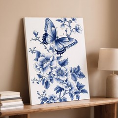Blue And White Floral Butterfly Canvas Wall Art Elegant Decorative Home Decor
