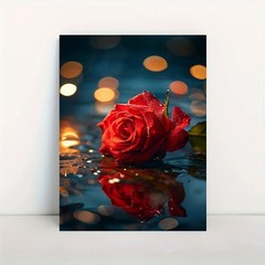 Framed Canvas Red Rose Water Reflection Bokeh Night Light Floral Decor