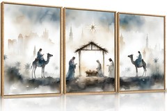 Large Catholic Jesus Nativity Scene Framed Canvas Wall Art Set,Watercolor Hol…